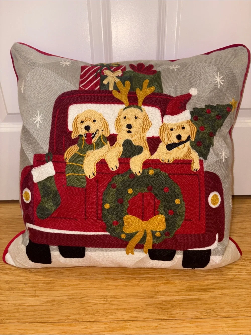 Rachel Ashwell Holiday Golden Retrievers on a Truck Decorative Pillow - 20”x20”